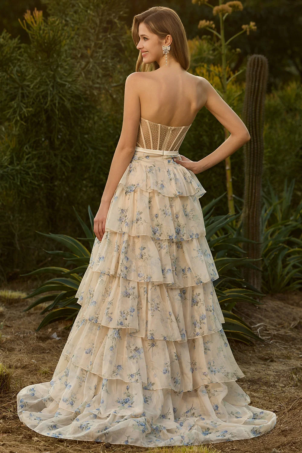 Pink Strapless Floral A Line Corset Beaded Tiered Long Prom Dress with Ruffles - Image 9