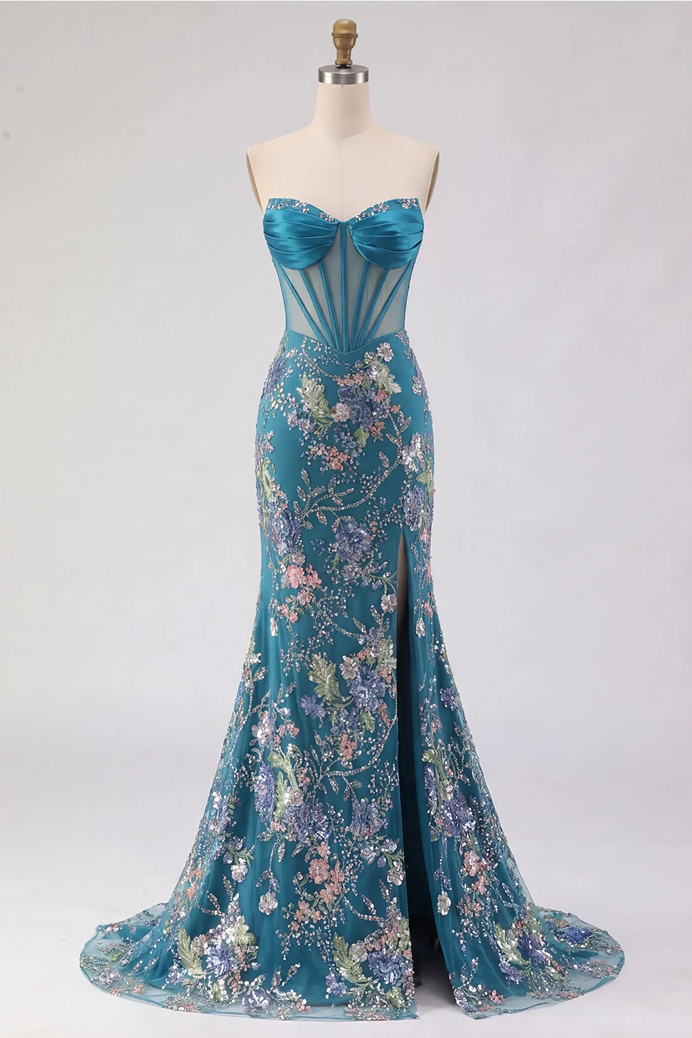 Pink Strapless Mermaid Beaded Corset Sequin Long Prom Dress with Slit - Image 11