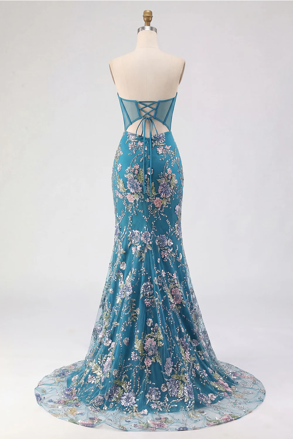 Pink Strapless Mermaid Beaded Corset Sequin Long Prom Dress with Slit - Image 12