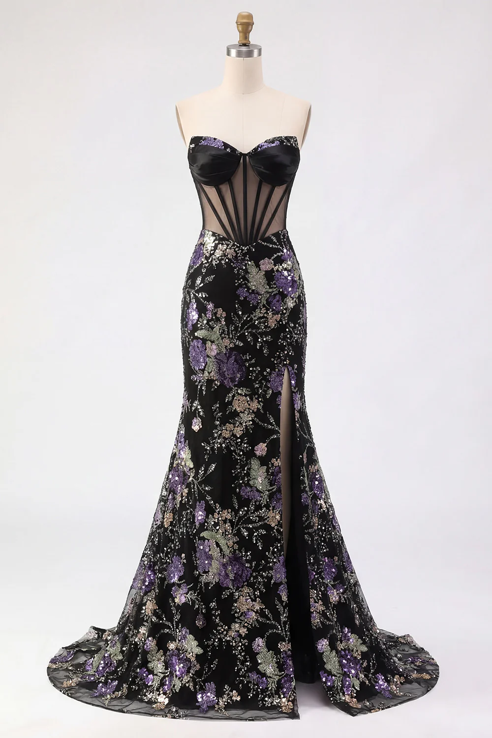 Pink Strapless Mermaid Beaded Corset Sequin Long Prom Dress with Slit - Image 13
