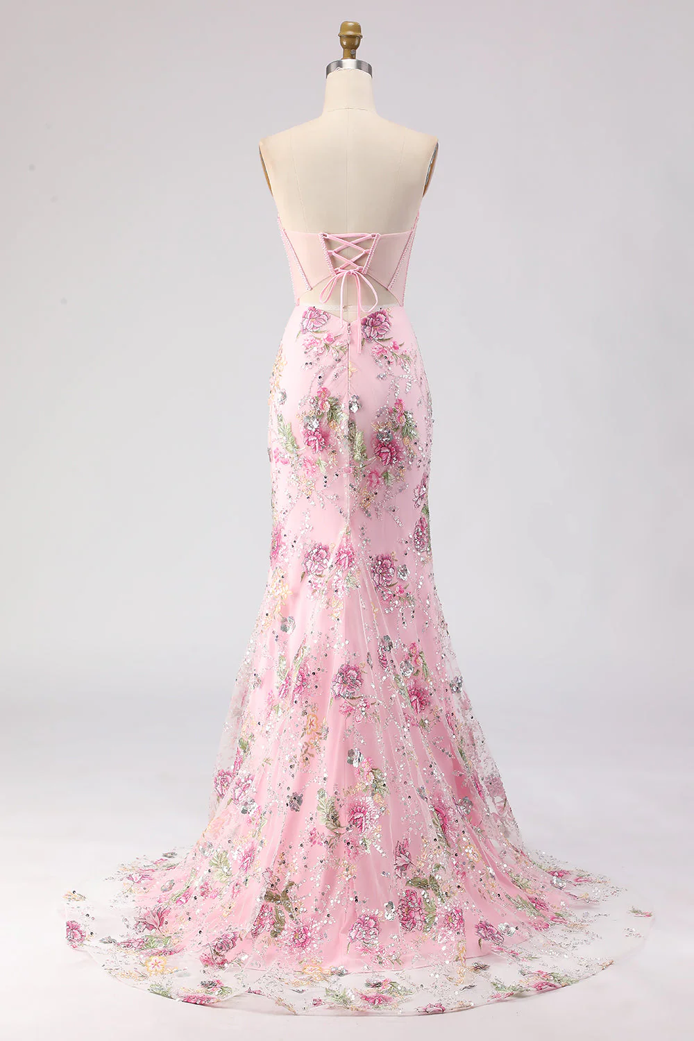 Pink Strapless Mermaid Beaded Corset Sequin Long Prom Dress with Slit - Image 2