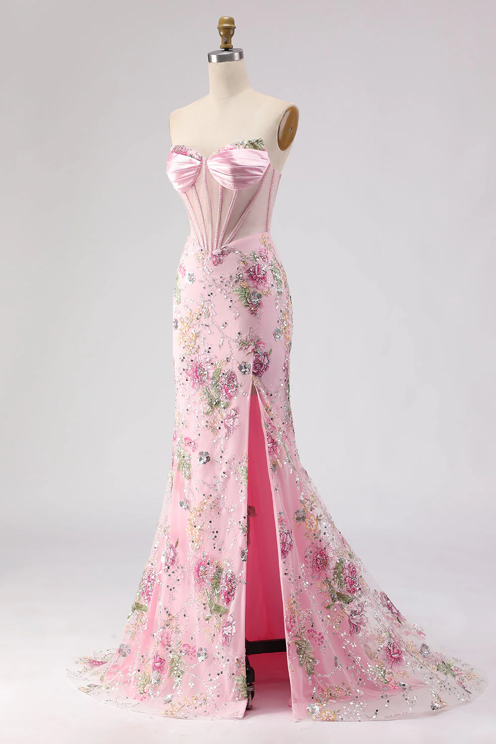 Pink Strapless Mermaid Beaded Corset Sequin Long Prom Dress with Slit - Image 3