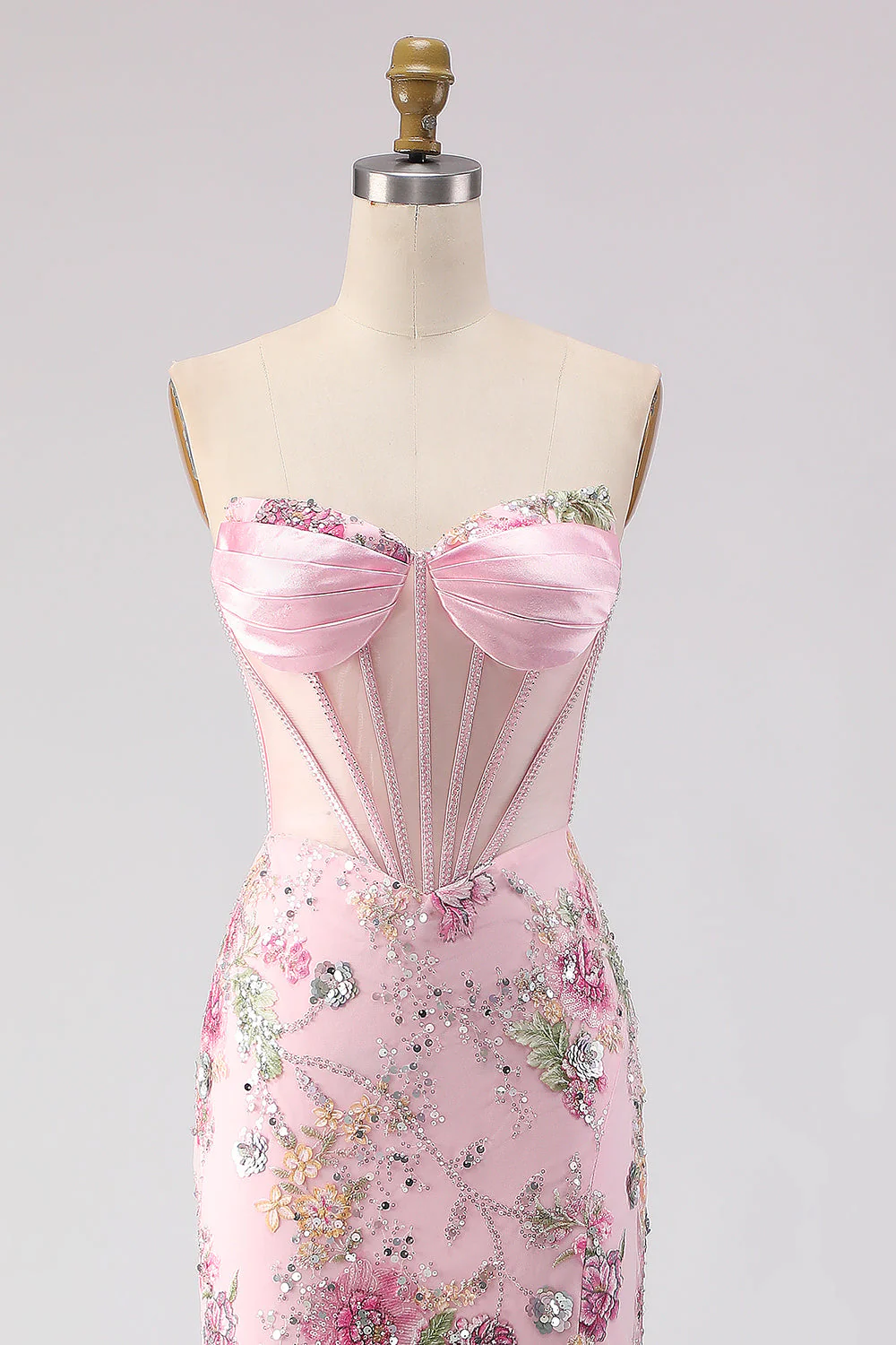 Pink Strapless Mermaid Beaded Corset Sequin Long Prom Dress with Slit - Image 4