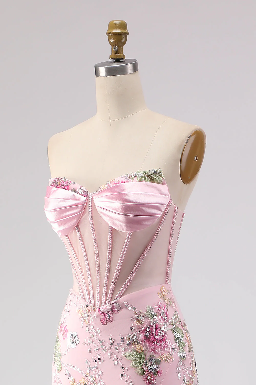 Pink Strapless Mermaid Beaded Corset Sequin Long Prom Dress with Slit - Image 6