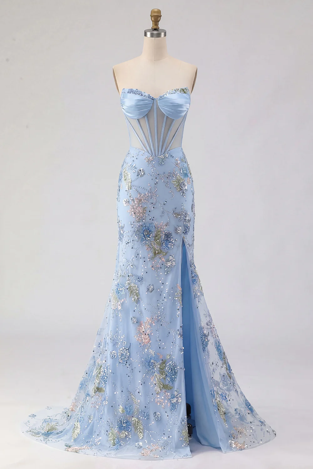 Pink Strapless Mermaid Beaded Corset Sequin Long Prom Dress with Slit - Image 7