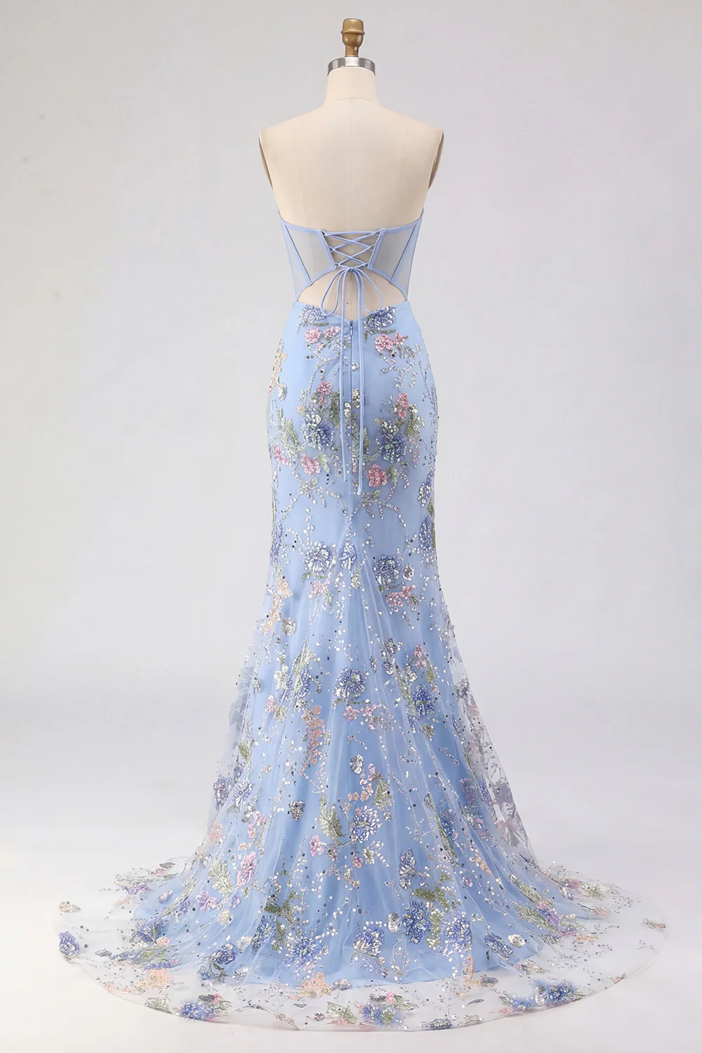 Pink Strapless Mermaid Beaded Corset Sequin Long Prom Dress with Slit - Image 8