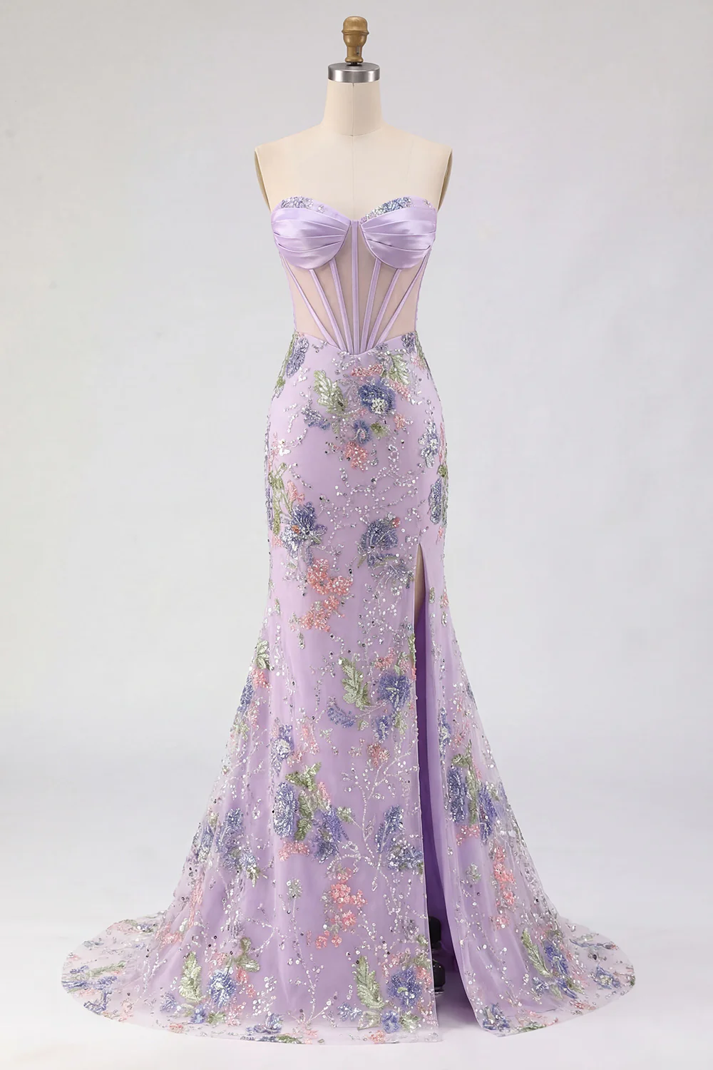 Pink Strapless Mermaid Beaded Corset Sequin Long Prom Dress with Slit - Image 9