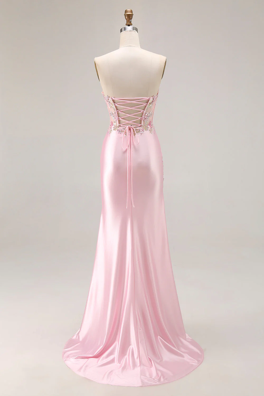 Pink Strapless Mermaid Corset Appliqued Sequin Long Prom Dress With Slit - Image 2
