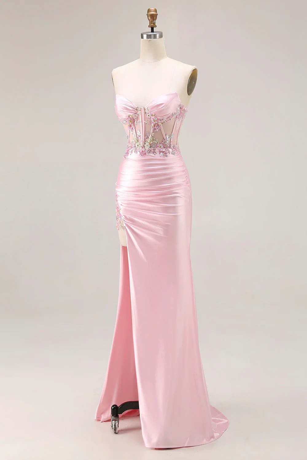 Pink Strapless Mermaid Corset Appliqued Sequin Long Prom Dress With Slit - Image 5