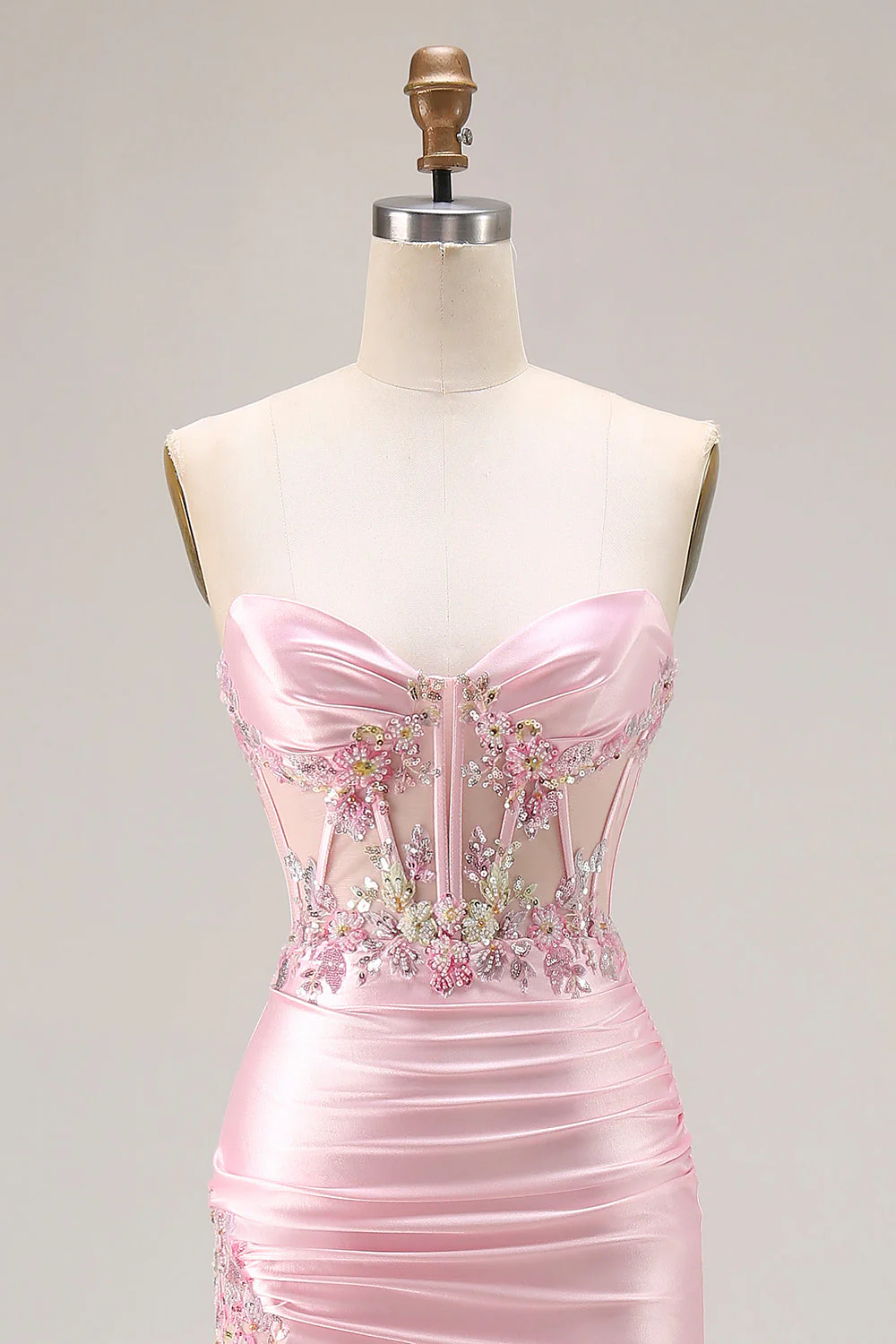 Pink Strapless Mermaid Corset Appliqued Sequin Long Prom Dress With Slit - Image 6