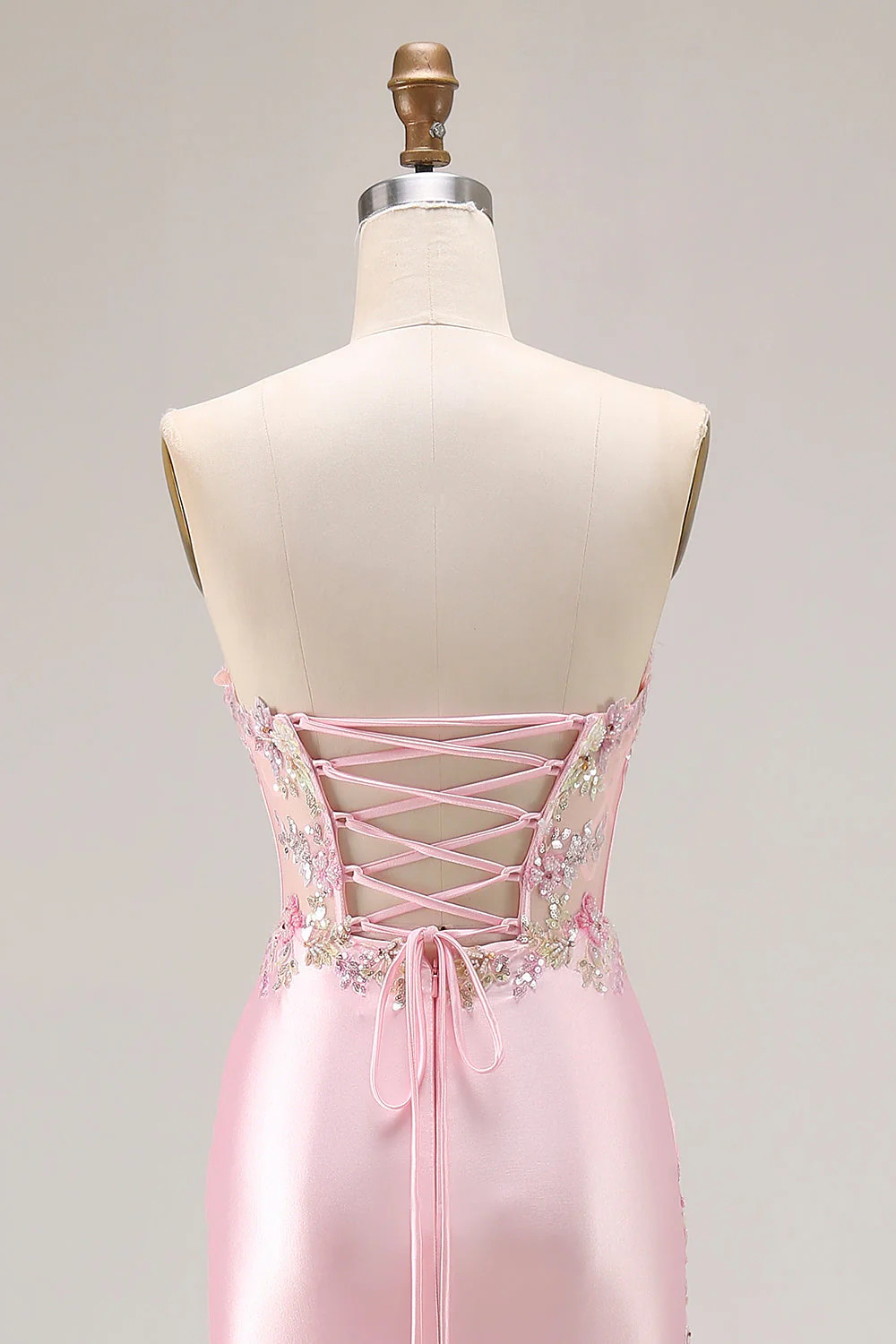 Pink Strapless Mermaid Corset Appliqued Sequin Long Prom Dress With Slit - Image 7