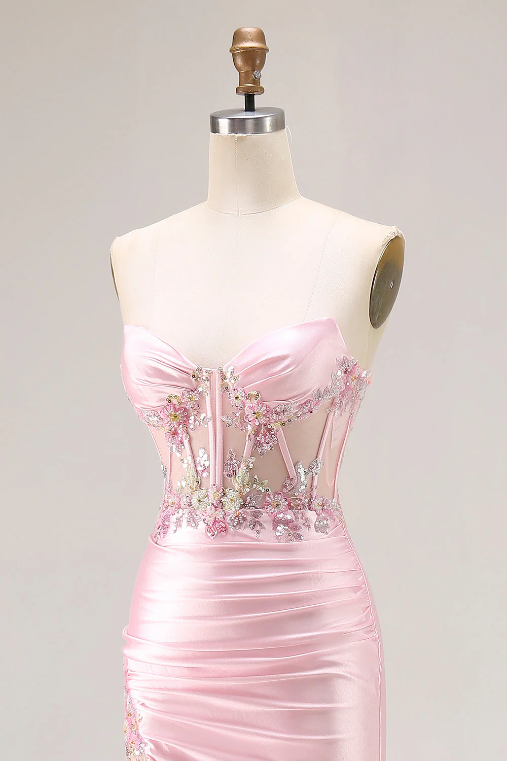Pink Strapless Mermaid Corset Appliqued Sequin Long Prom Dress With Slit - Image 8