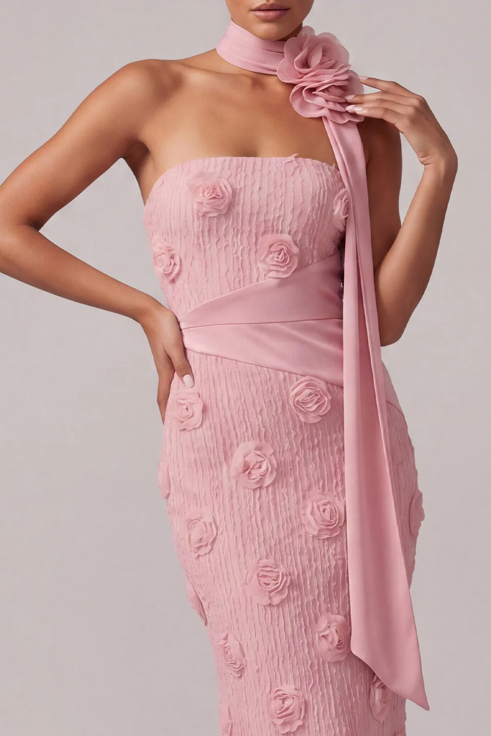 Pink Strapless Mermaid Long Mother Of the Bride Dress with 3D Flowers - Image 3