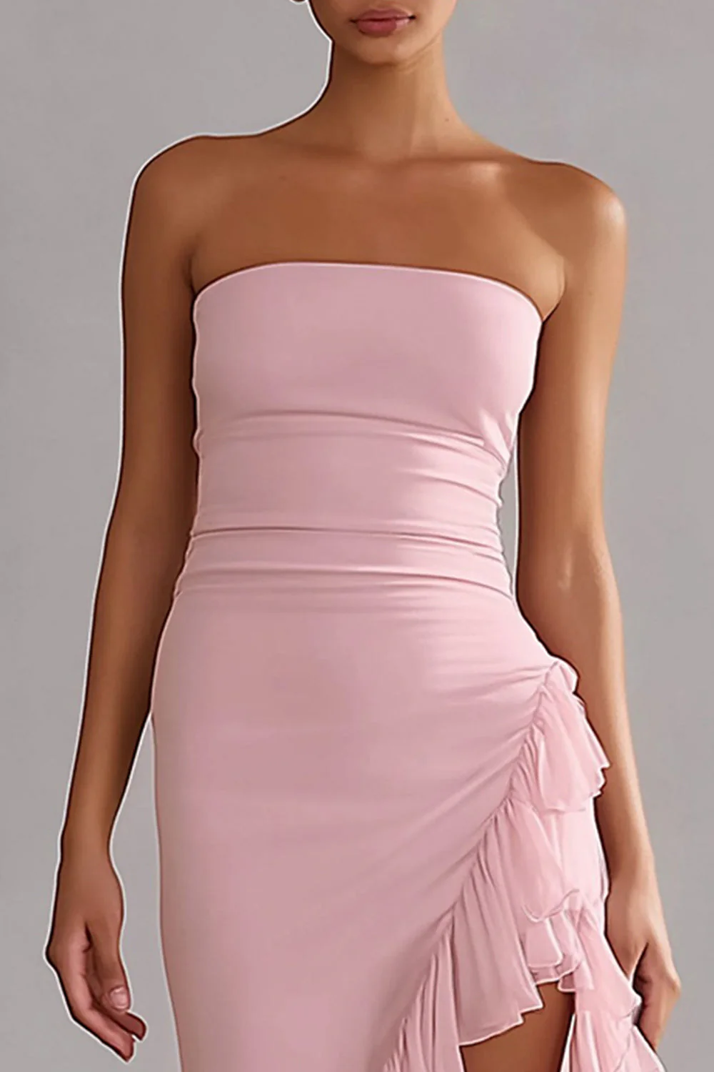 Pink Strapless Ruffled Sheath Long Chiffon Dress with Slit - Image 3