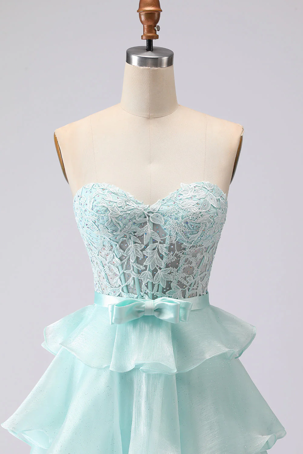 Pink Strapless Tiered A Line Corset Beaded Long Prom Dress with Slit - Image 10