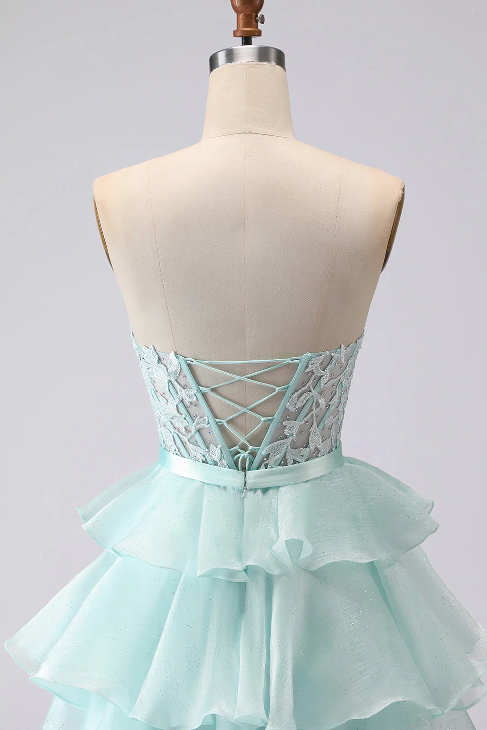 Pink Strapless Tiered A Line Corset Beaded Long Prom Dress with Slit - Image 11