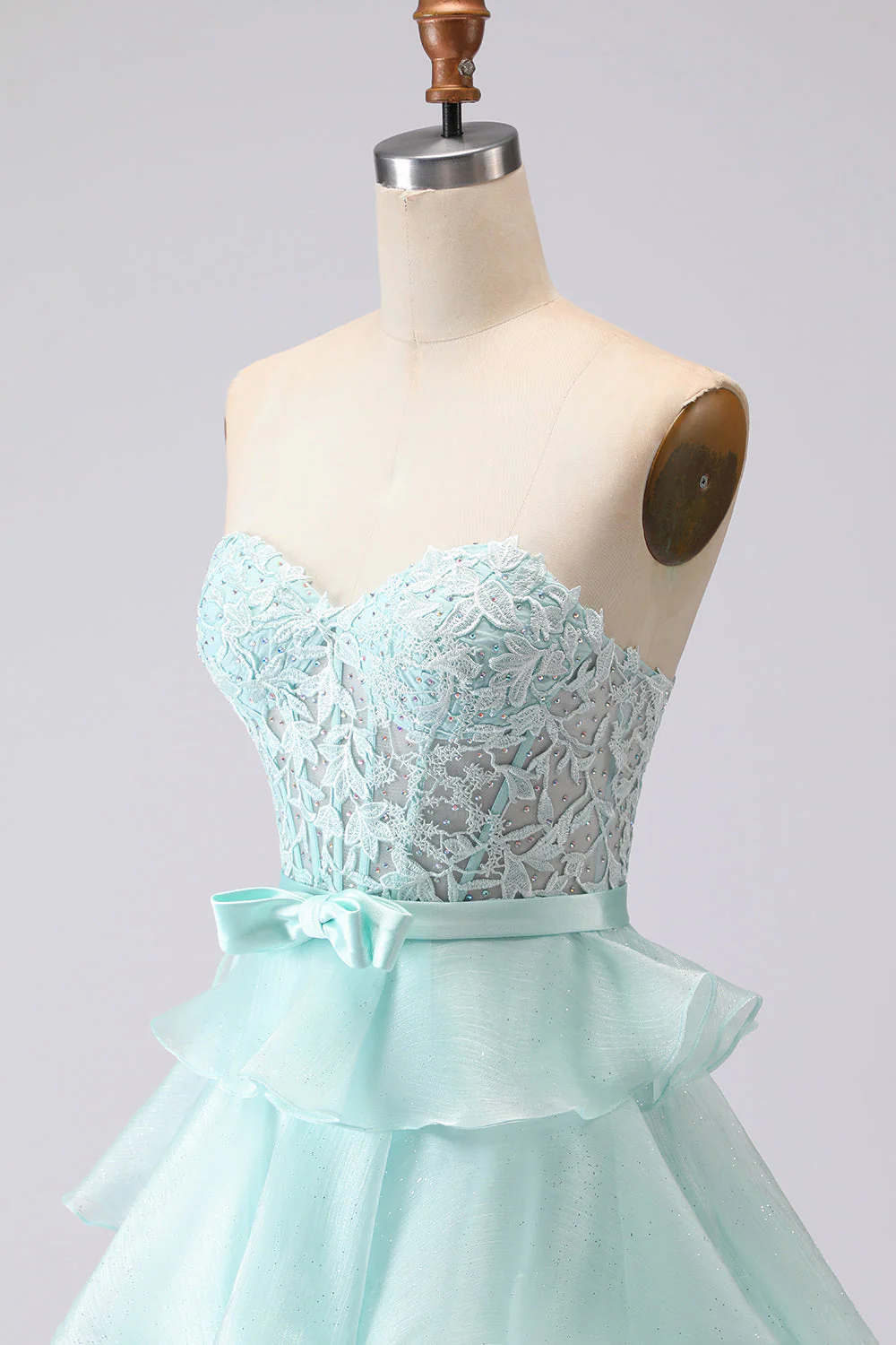 Pink Strapless Tiered A Line Corset Beaded Long Prom Dress with Slit - Image 12