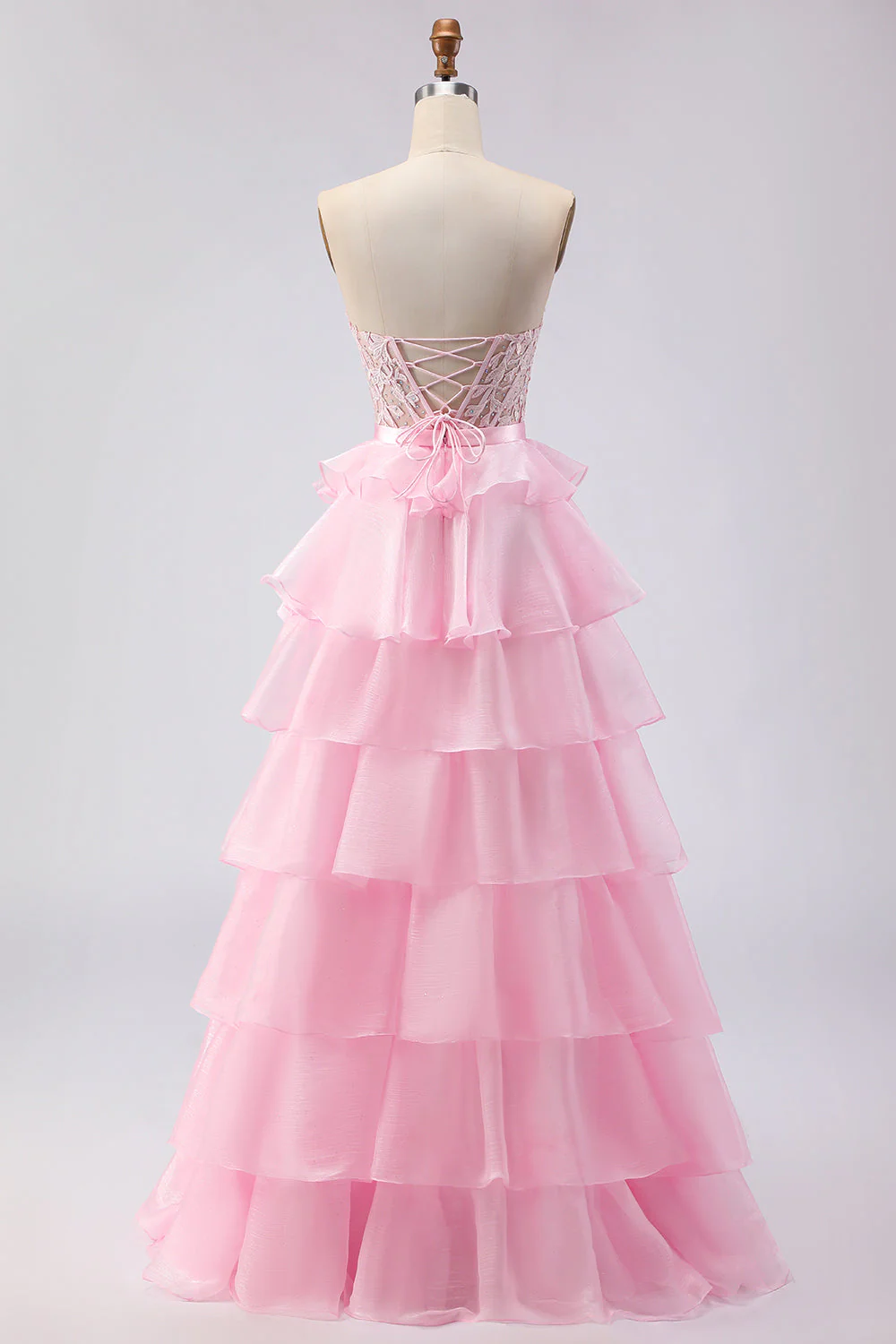 Pink Strapless Tiered A Line Corset Beaded Long Prom Dress with Slit - Image 2
