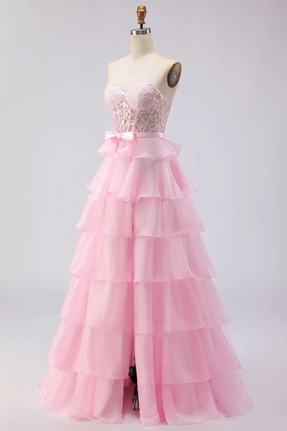 Pink Strapless Tiered A Line Corset Beaded Long Prom Dress with Slit - Image 3