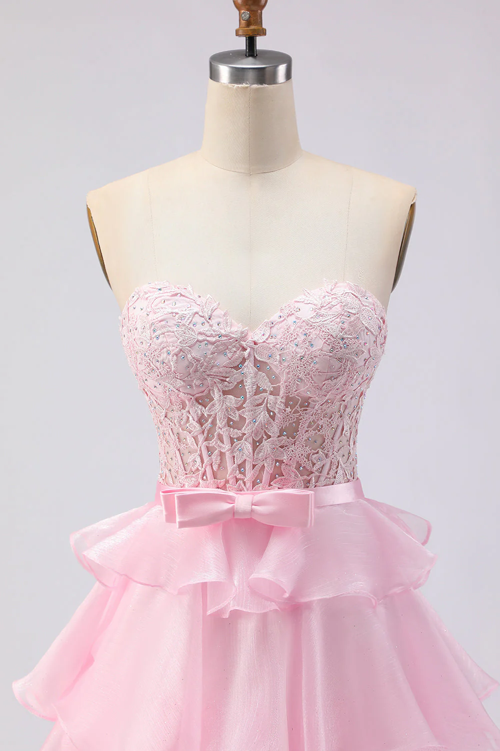 Pink Strapless Tiered A Line Corset Beaded Long Prom Dress with Slit - Image 4