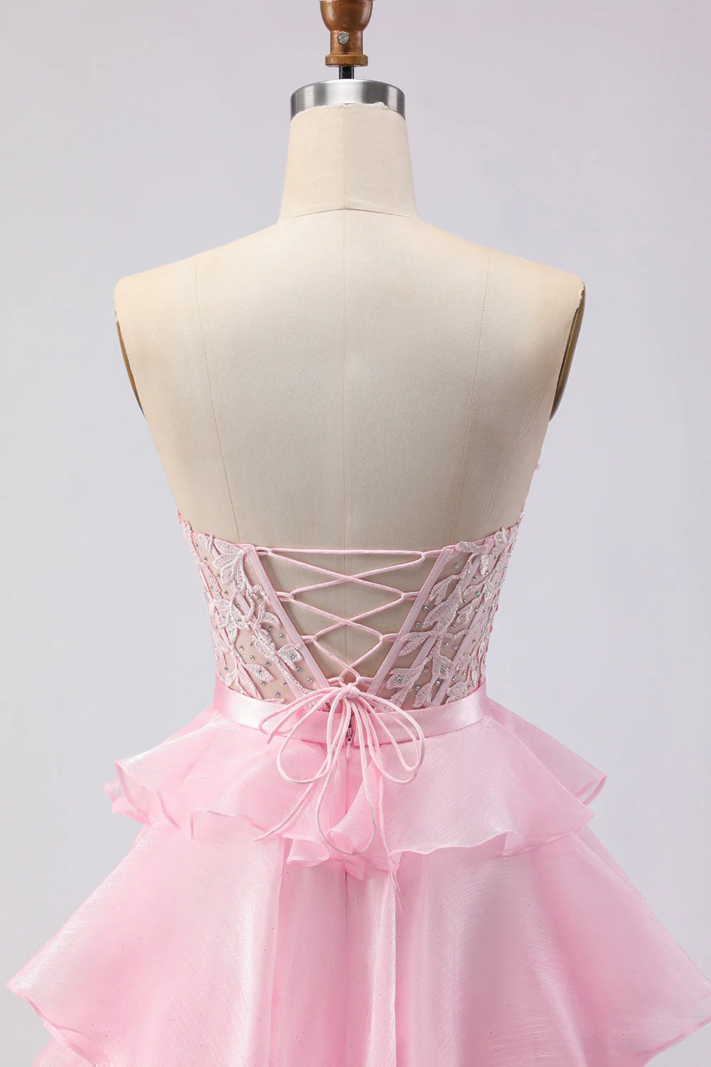 Pink Strapless Tiered A Line Corset Beaded Long Prom Dress with Slit - Image 5