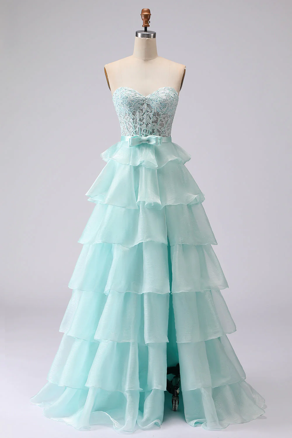 Pink Strapless Tiered A Line Corset Beaded Long Prom Dress with Slit - Image 7