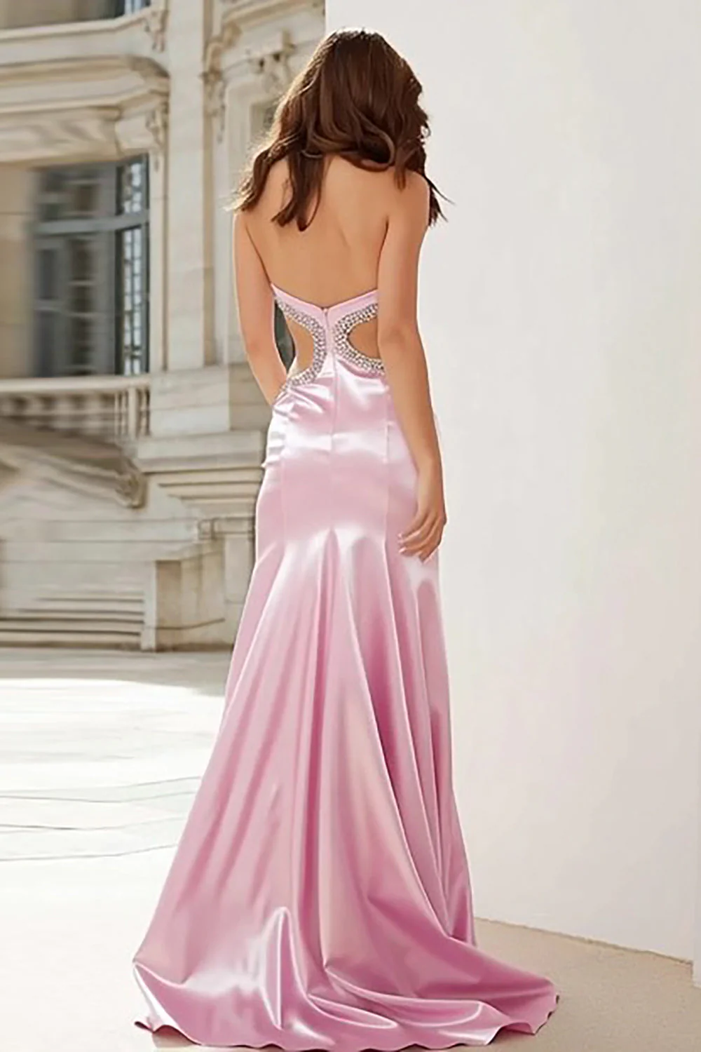 Pink Sweetheart Mermaid Beaded Cut Out Long Prom Dress with Slit - Image 2