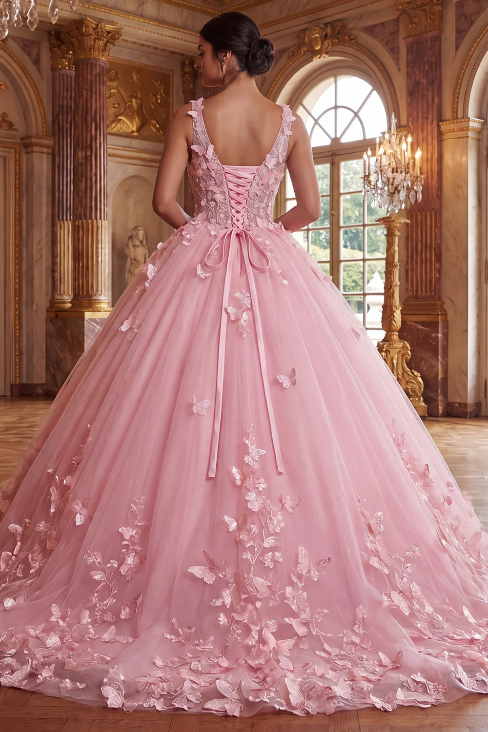 Pink Wide Straps Ball Gown Appliqued Quinceanera Dress with 3D Butterflys - Image 2