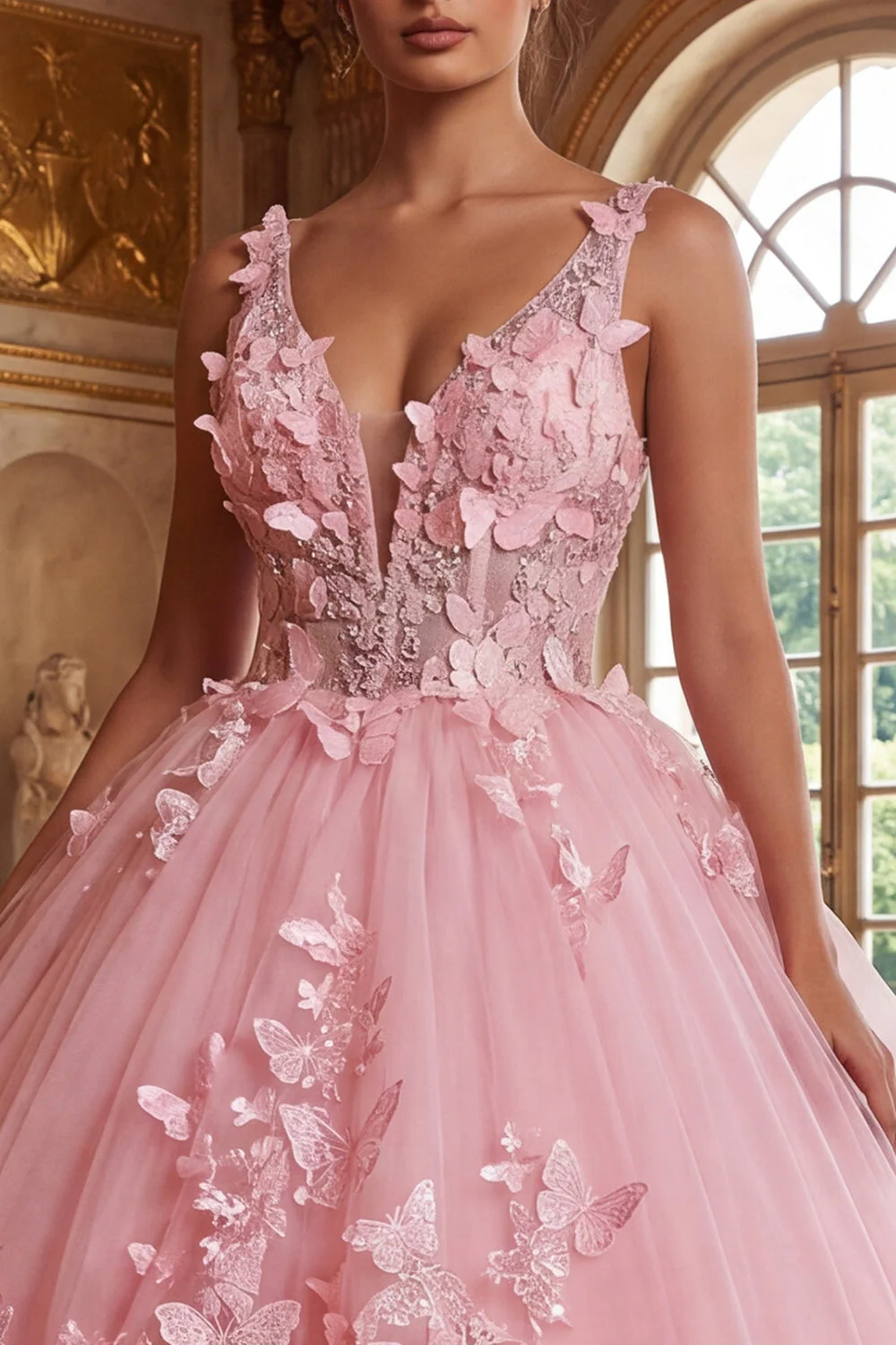 Pink Wide Straps Ball Gown Appliqued Quinceanera Dress with 3D Butterflys - Image 3