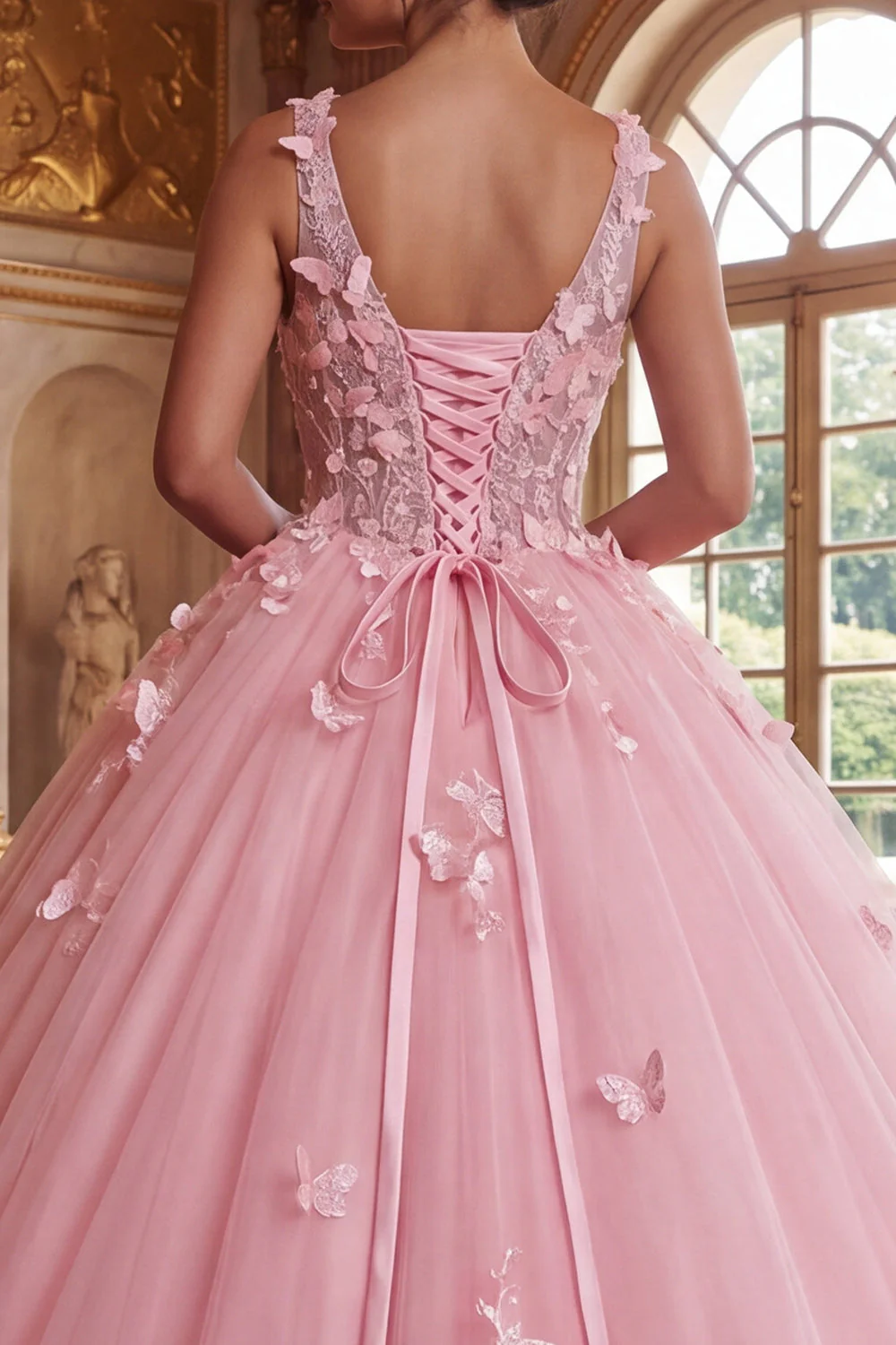 Pink Wide Straps Ball Gown Appliqued Quinceanera Dress with 3D Butterflys - Image 4