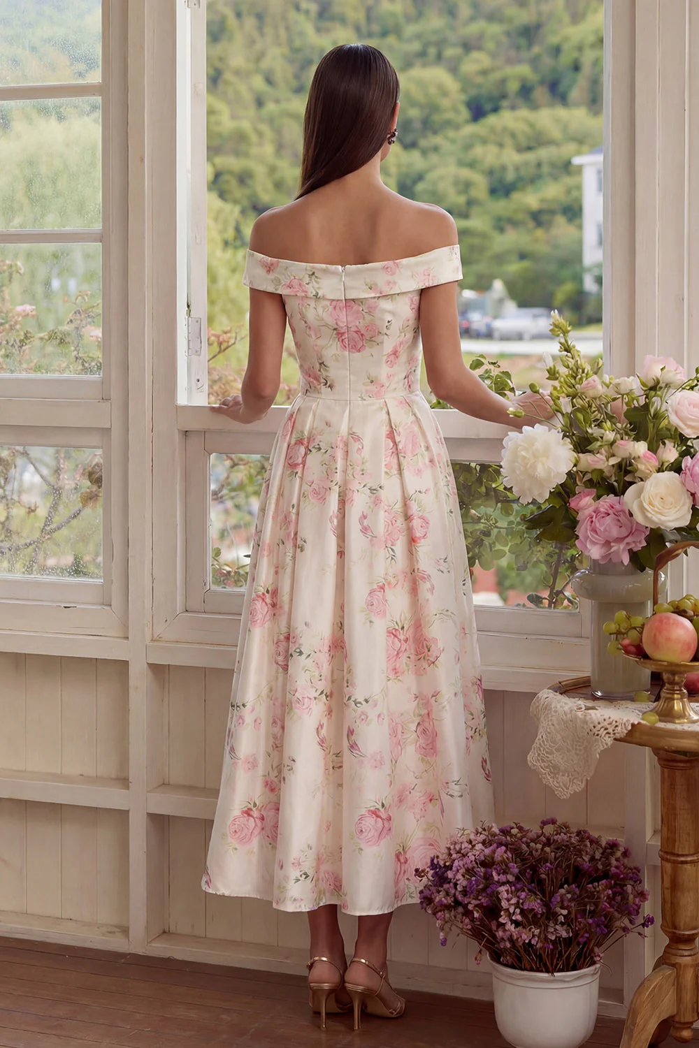 Pink White Flower A-Line Off the Shoulder Midi Dress - Image 2