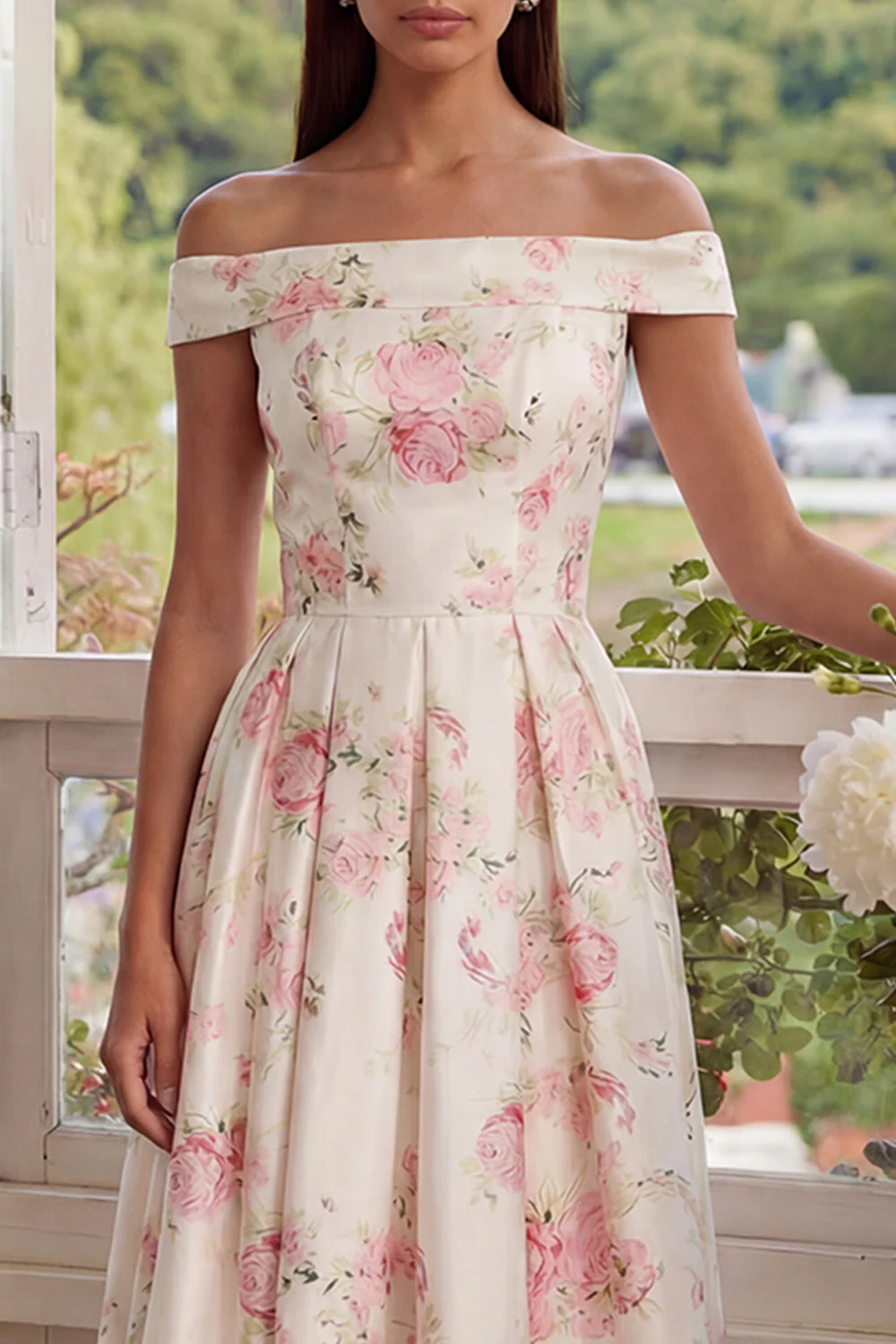 Pink White Flower A-Line Off the Shoulder Midi Dress - Image 3