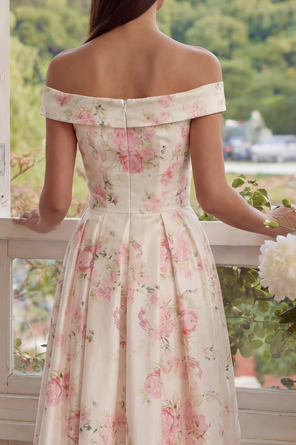 Pink White Flower A-Line Off the Shoulder Midi Dress - Image 4