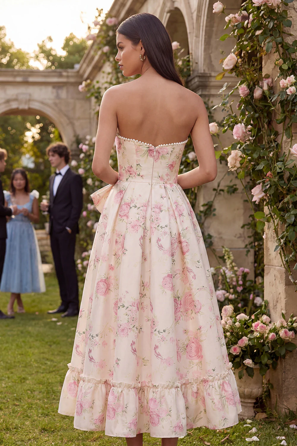 Pink White Flower A-Line Printed Strapless Midi Dress with Bowknot - Image 2