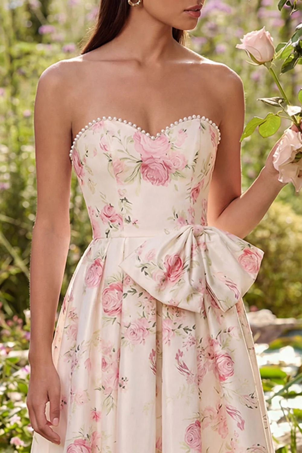 Pink White Flower A-Line Printed Strapless Midi Dress with Bowknot - Image 3