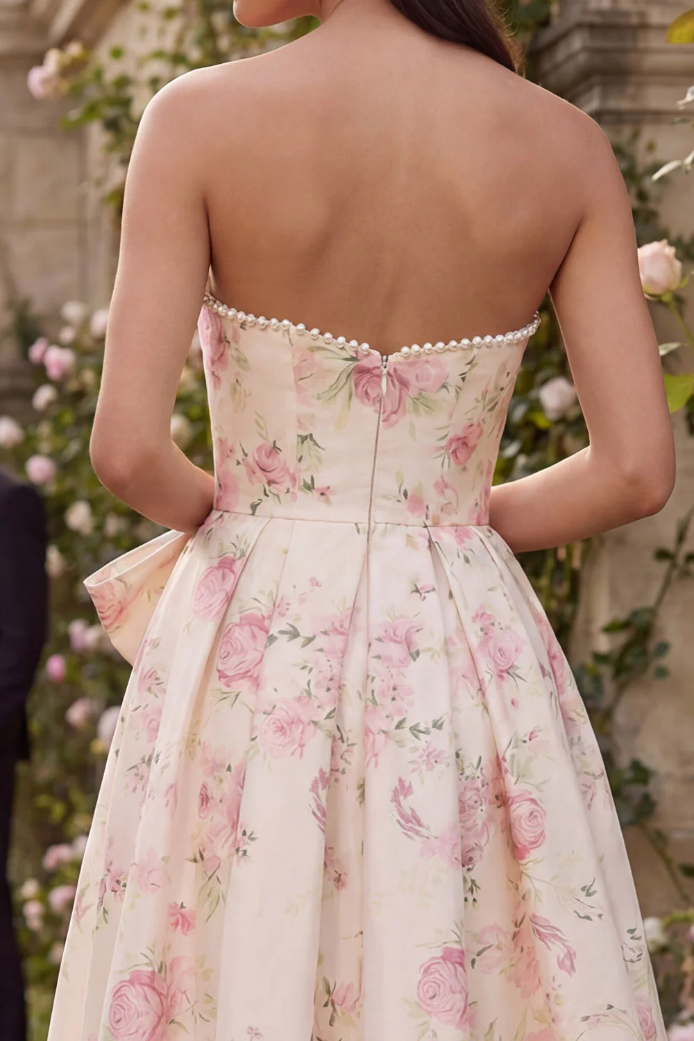 Pink White Flower A-Line Printed Strapless Midi Dress with Bowknot - Image 4