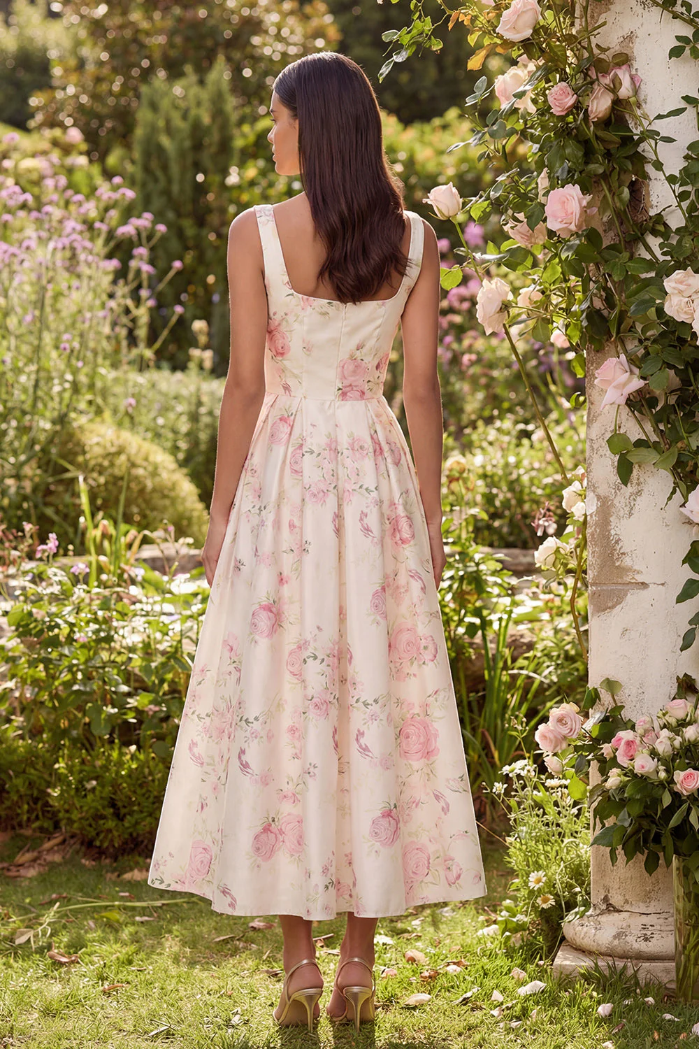 Pink White Flower A-Line Square Neck Midi Dress with Bowknot - Image 2