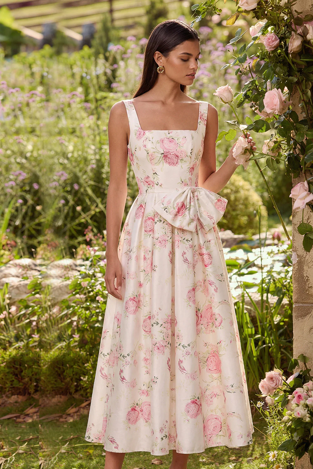 Pink White Flower A-Line Square Neck Midi Dress with Bowknot - Image 3