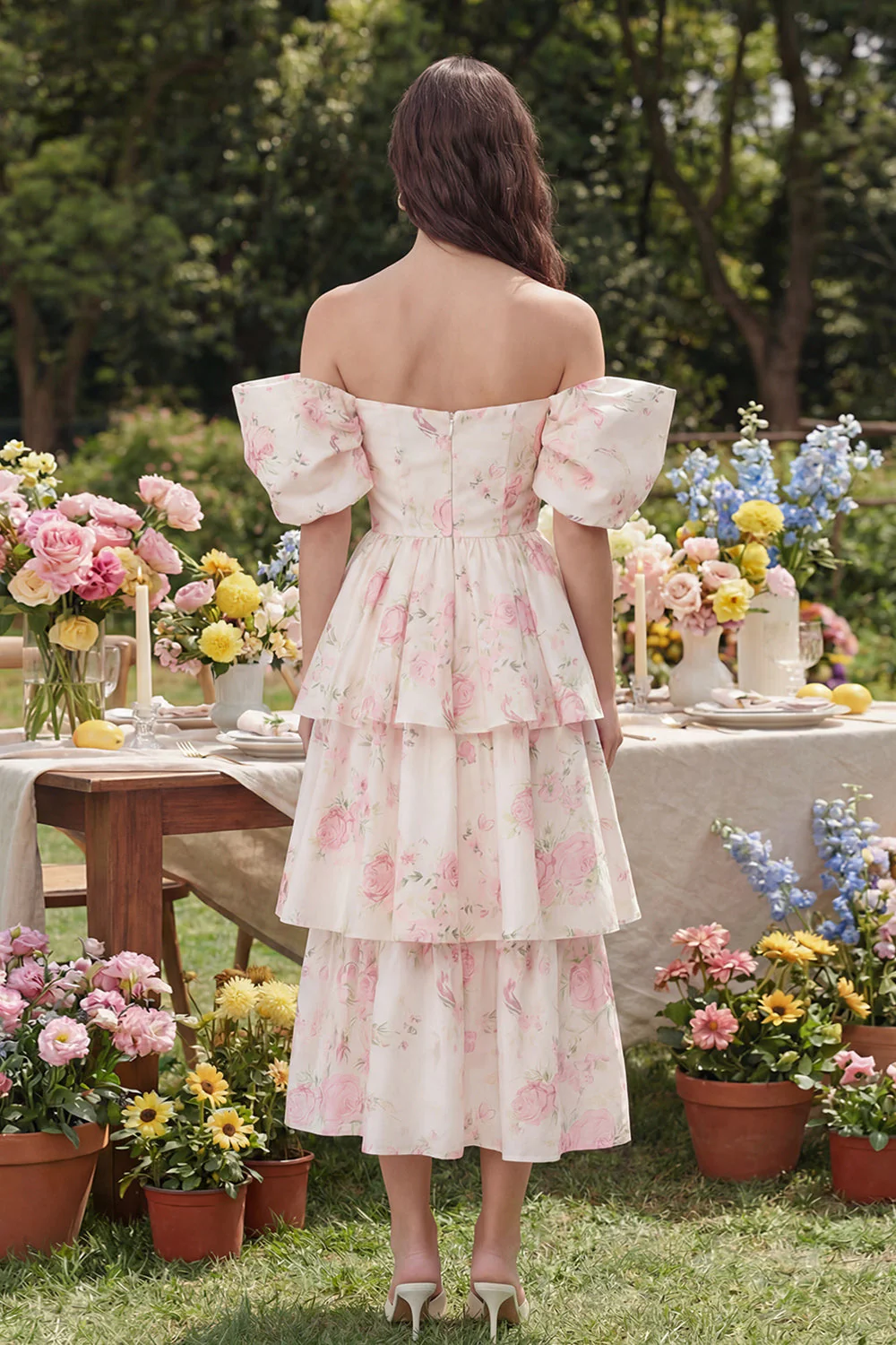 Pink White Flower Tiered A-Line Off the Shoulder Midi Dress - Image 2