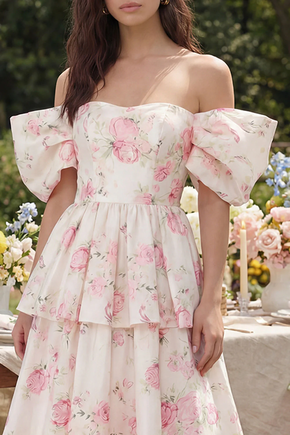 Pink White Flower Tiered A-Line Off the Shoulder Midi Dress - Image 3