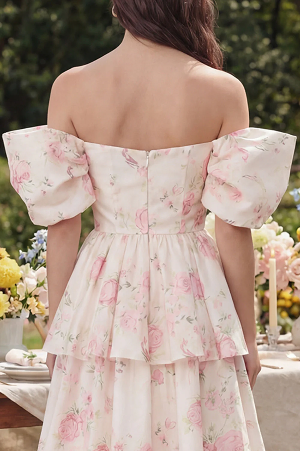 Pink White Flower Tiered A-Line Off the Shoulder Midi Dress - Image 4