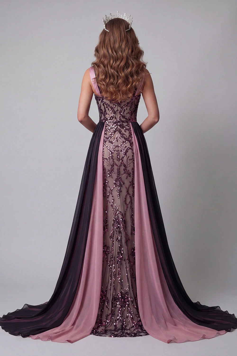Plum Mermaid Wide Straps Long Sequin Evening Dress with Cape - Image 2