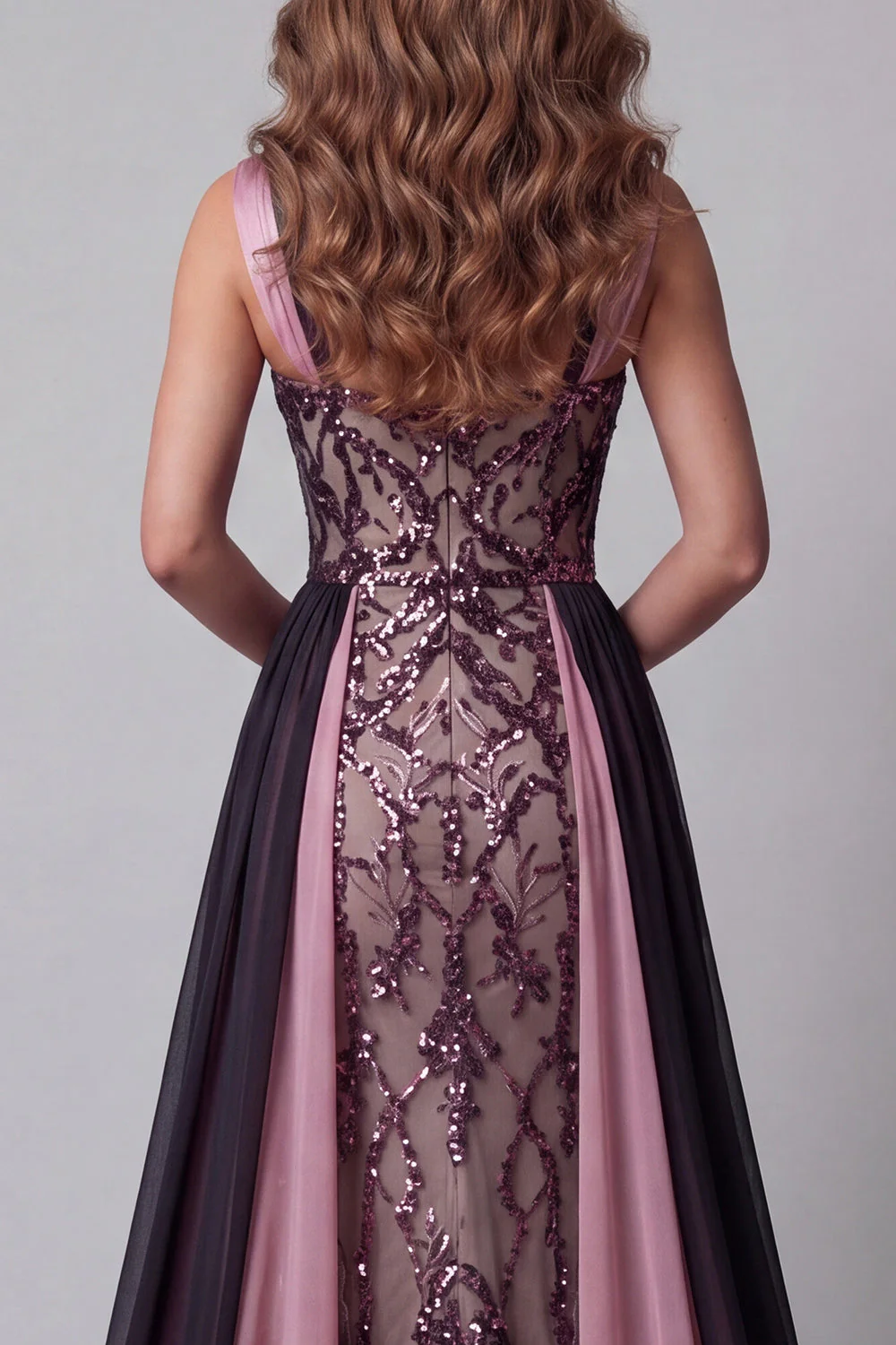 Plum Mermaid Wide Straps Long Sequin Evening Dress with Cape - Image 4