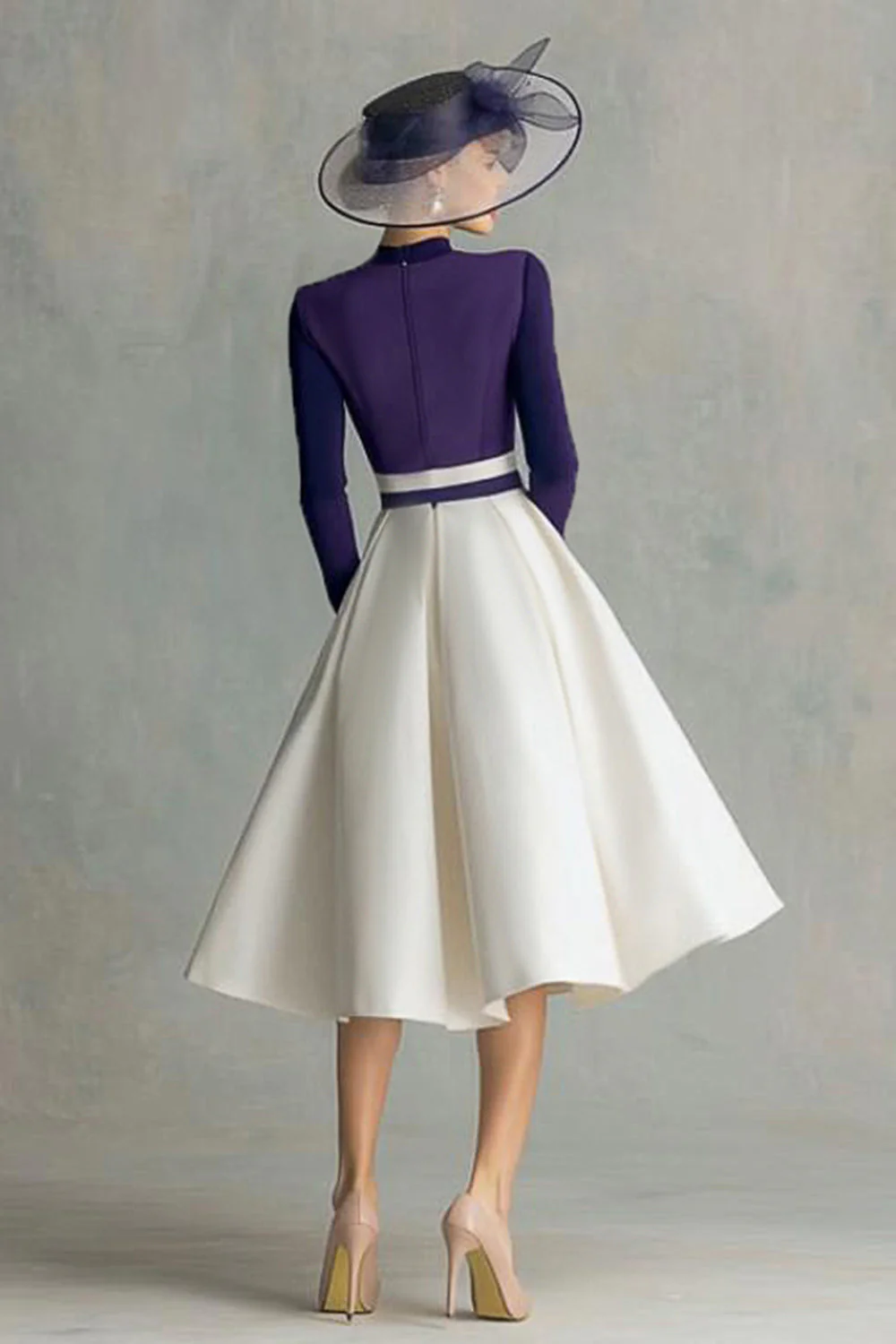 Plum Satin A Line High Neck Midi Mother of the Bride Dress with Sleeves - Image 2
