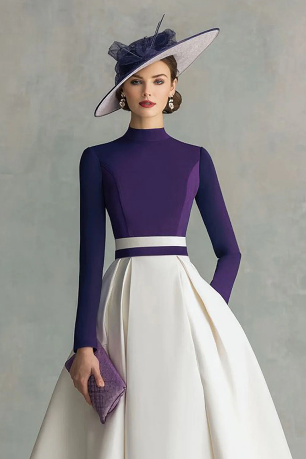 Plum Satin A Line High Neck Midi Mother of the Bride Dress with Sleeves - Image 3