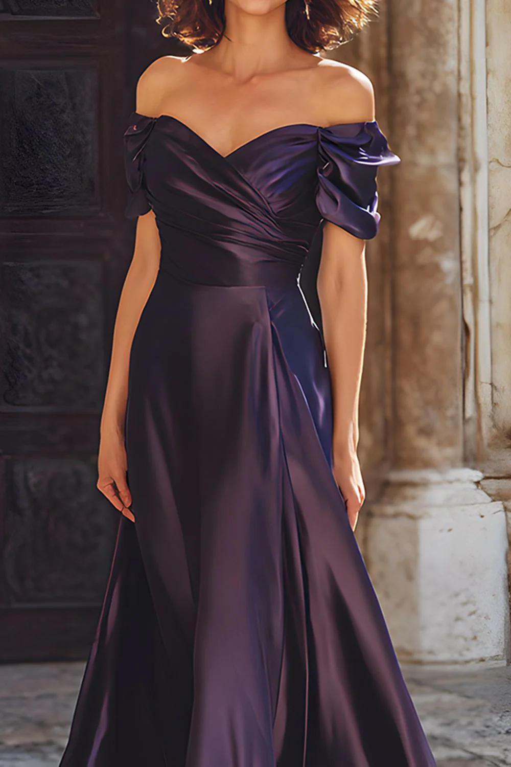 Plum Sheath Satin Off the Shoulder Long Mother of the Bride Dress - Image 2