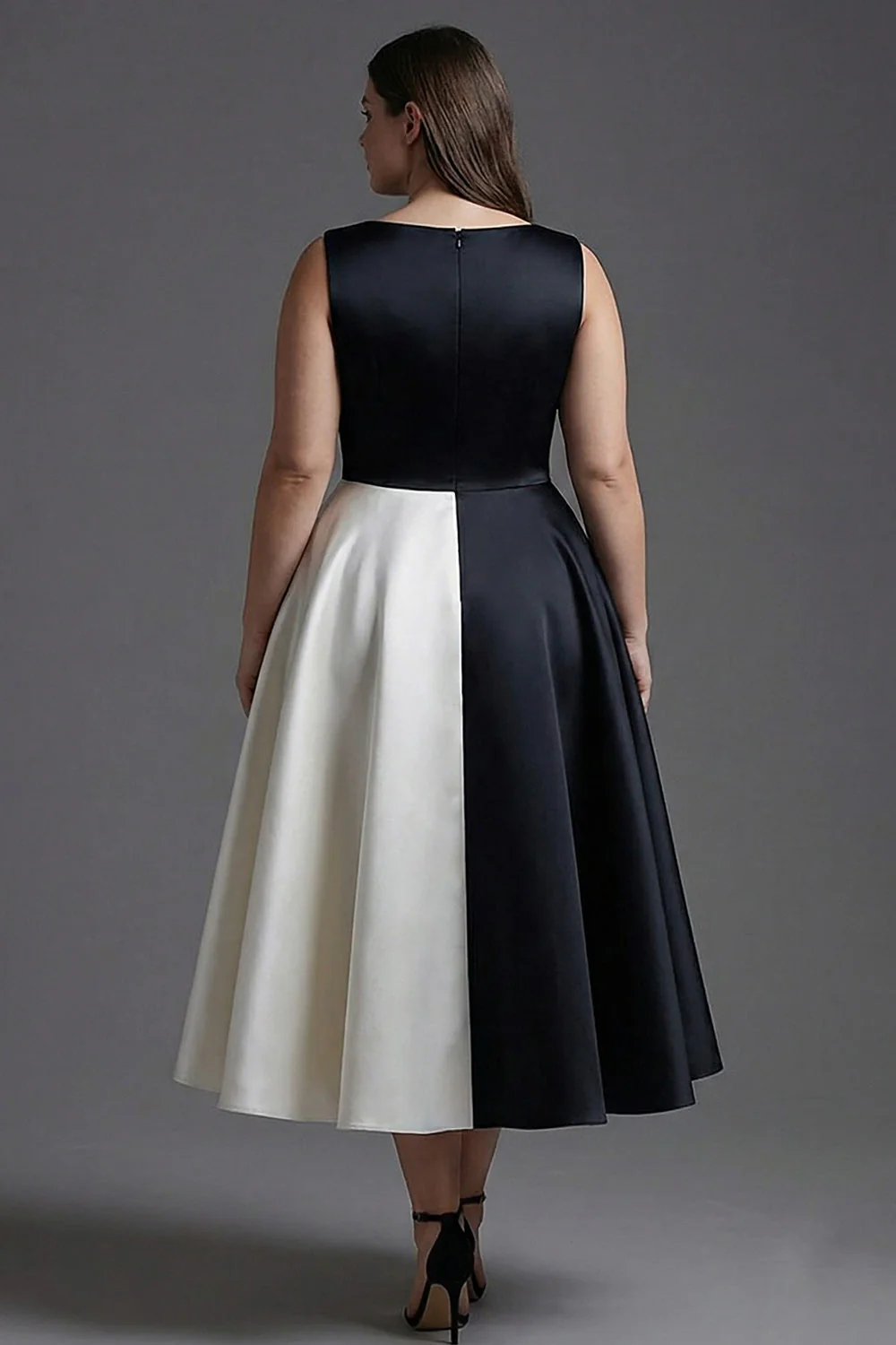 Plus Size A Line Boat Neck Satin Black Tie Dress - Image 2