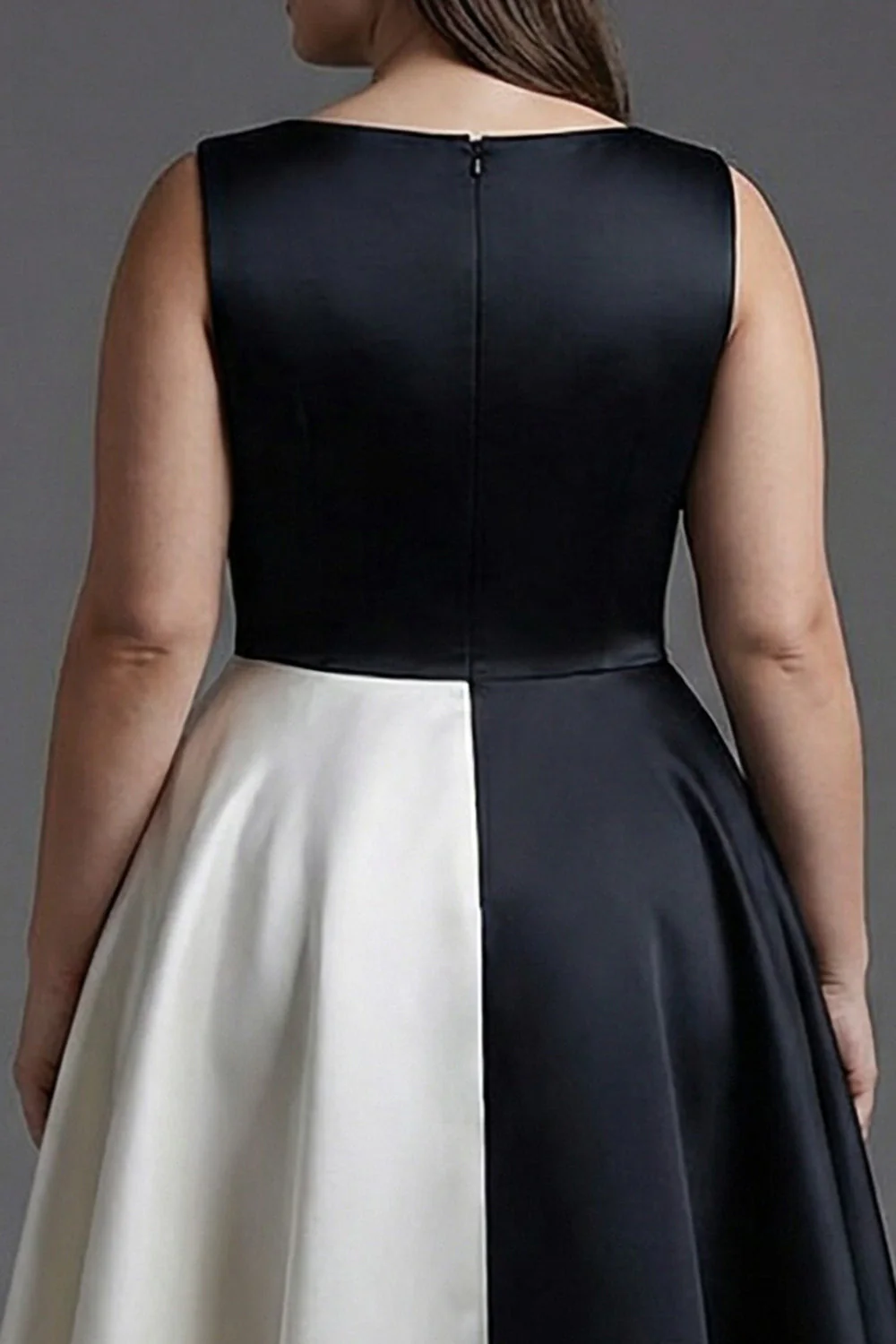 Plus Size A Line Boat Neck Satin Black Tie Dress - Image 4