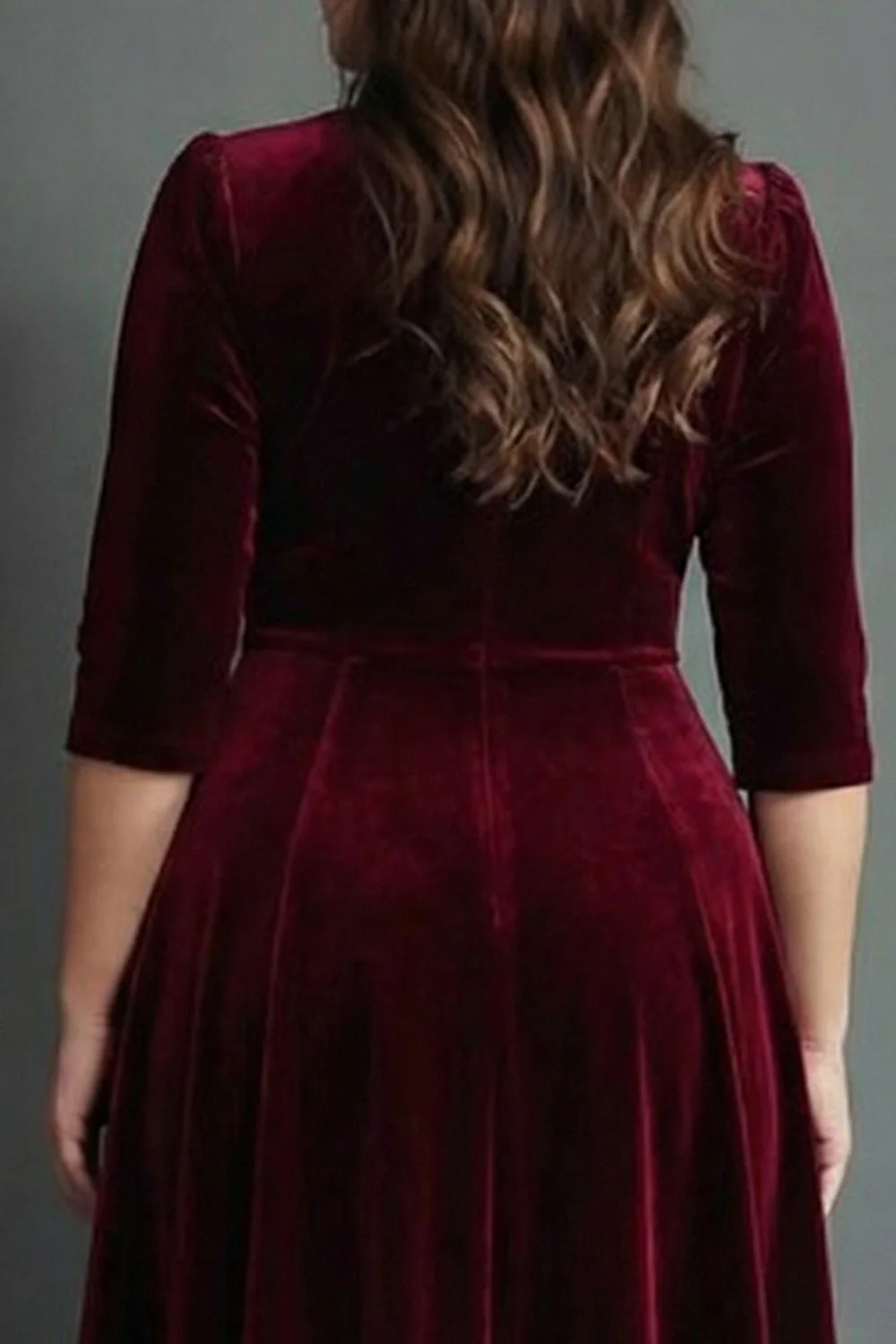 Plus Size Burgundy Velvet A Line V-Neck Midi Work Dress with Half Sleeves - Image 2