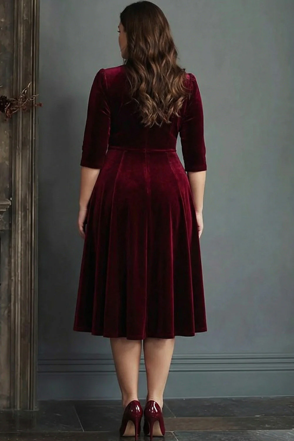 Plus Size Burgundy Velvet A Line V-Neck Midi Work Dress with Half Sleeves - Image 3